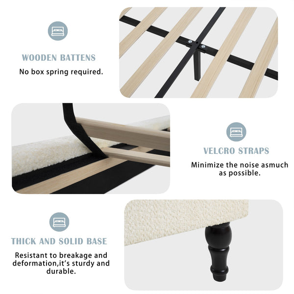 English Elm King Upholstered Bed Frame with Tall Bouclé Headboard, Solid Wood Feet, 12-Slat Support, 1000lb Capacity Beige 81.3 L x 31.5 W x 8.27 H W1716P335675