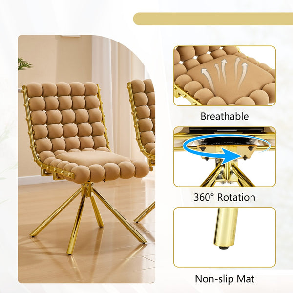 English Elm Cream Dutch Velvet Swivel Chair Tufted Bubble Backrest Glam Armless Accent Seat Brown,Gold W3875P448018