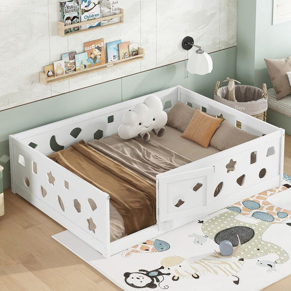 English Elm Full Size Floor Bed With Safety Guardrails & Built-In Door, Solid Wood Frame For Kids' Bedrooms & Playrooms W1820P240541