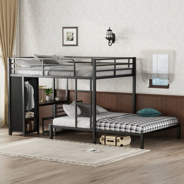 English Elm Queen Over Queen Bunk Bed Frame With Desk, Storage Chairs & Wardrobe – Space-Saving Black Design W1580S00110-GIGA