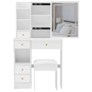 English Elm 29.2" Compact Left Drawer Vanity Table Set With Touch Control Led Mirror & Cushioned Stool For Small Spaces W3258P299611