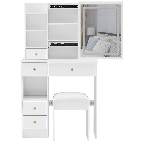 English Elm 29.2" Compact Left Drawer Vanity Table Set With Touch Control Led Mirror & Cushioned Stool For Small Spaces W3258P299611