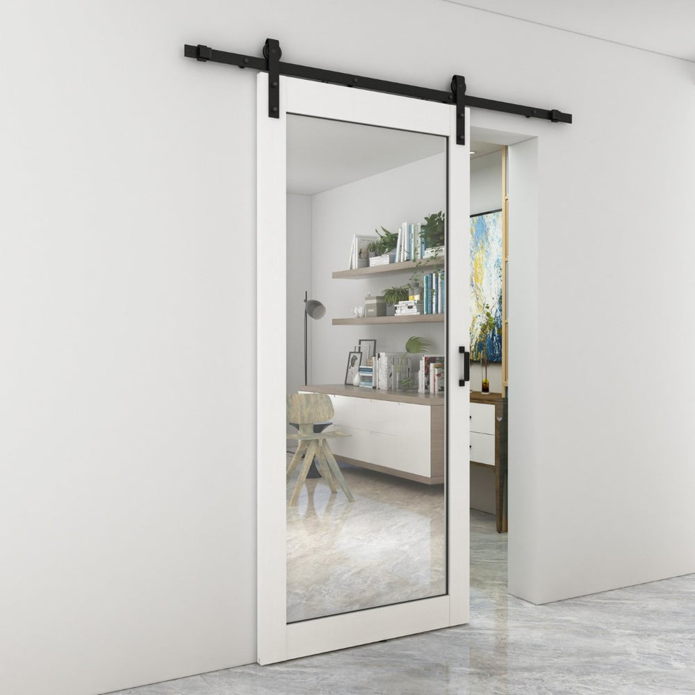 English Elm 30 in Matte Black Steel Sliding Barn Door Frosted Glass Privacy Panel with Hardware White B2763P483226