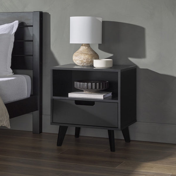 Hans Sleek Mid-Century Modern Nightstand with 1 Drawer and Open Cubby for Stylish Storage Solutions