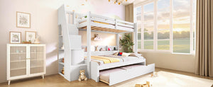 English Elm Twin Over Full Bunk Bed with Stair Drawers Shelves Led Lighting and Usb Port White N7090005013K