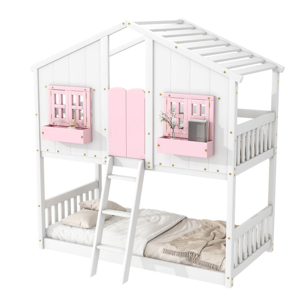 English Elm Twin House Bunk Bed with Roof, Window Box, Door, Guardrails & Ladder—Sturdy Pine Playful Design for Kids Pink+White W504S00151
