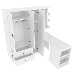 English Elm Multifunctional Wardrobe Cabinet with Fold Out Desk Hanging Rod and Storage Drawers Light White W1580S00475