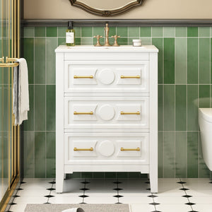 English Elm 24'' Bathroom Vanity with Ceramic Sink and 3 Drawers Retro Solid Wood Frame Freestanding Storage White N710P371184K