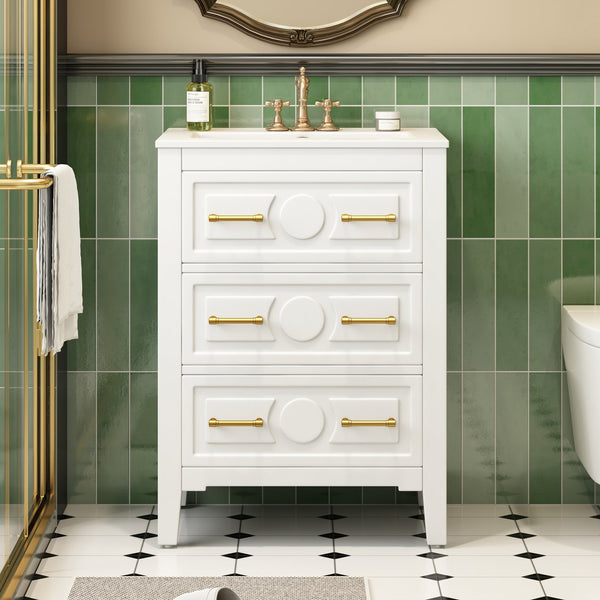 English Elm 24'' Bathroom Vanity with Ceramic Sink and 3 Drawers Retro Solid Wood Frame Freestanding Storage White N710P371184K
