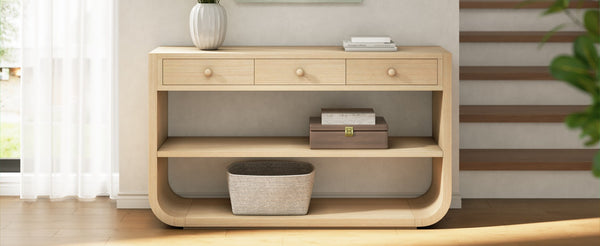 English Elm [video] Sculptural Console Table Pine Wood Curved Legs Soft-close Drawers Open Shelving Entryway Natural N759P433560N