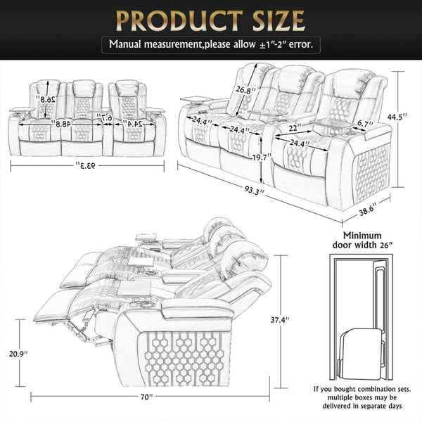 English Elm 93.3"power Recliner Set Nappa Leather Home Theater Rgb Led Memory Foam Seating W3819S00092