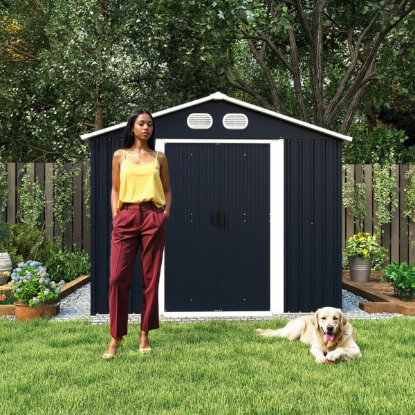 English Elm Campcraft 8x12 Outdoor Metal Storage Shed Lockable Weatherproof Backyard Tool House Dark Gray W1598S00042