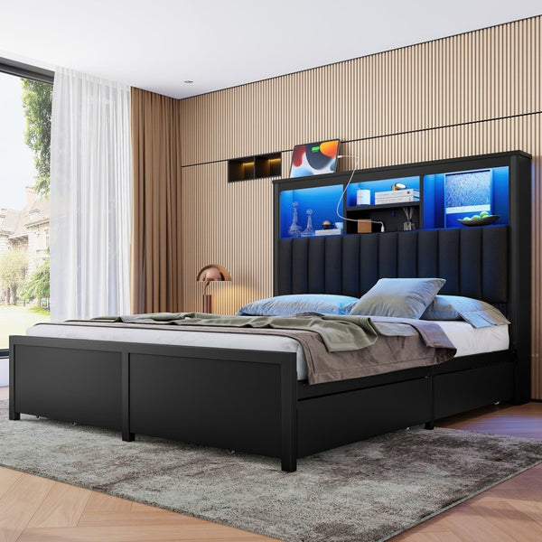 English Elm Queen Storage Bed Frame with Led Lighting Charging Station and Four Under Drawers W1670S00030