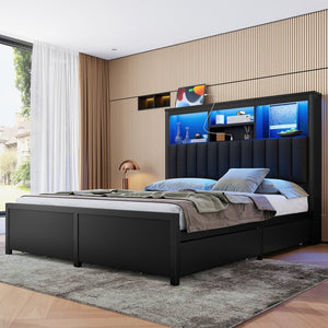 English Elm Queen Storage Bed Frame with Led Lighting Charging Station and Four Under Drawers W1670S00031