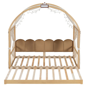 English Elm Twin Pinewood Ground-Level Canopy Bed with Arched Roof and Trundle for Kids—Whimsical, Sturdy Design Natural N820P181648N