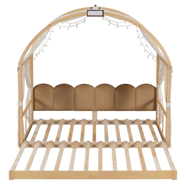 English Elm Twin Pinewood Ground-Level Canopy Bed with Arched Roof and Trundle for Kids—Whimsical, Sturdy Design Natural N820P181648N