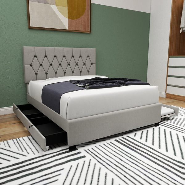 English Elm Gray Velvet Queen Platform Bed with Gold Tufted Headboard Trundle and Storage Drawers W1867S00023