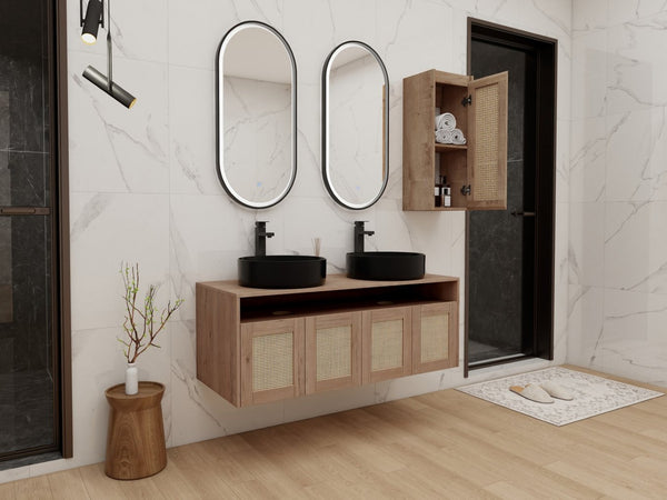 English Elm 48" Floating Bathroom Vanity Oak Finish Dual Ceramic Sinks Four Soft Close Doors W999S00499