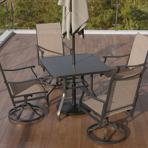 English Elm Patio Square Steel Dining Table Slatted Top Umbrella Ready Seats Four Outdoor T3623P434177