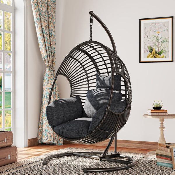 English Elm 42 Inch Hanging Egg Chair Woven Pe Rattan Patio Swing with Thick Cushion 400lb Black W3979S00005