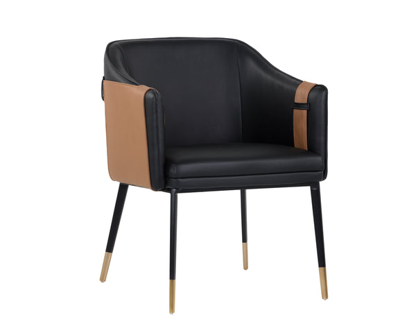 Sunpan Carter Barrel Back Dining Armchair in Faux Leather with Stylish Copper Foot Caps and Steel Legs Napa Black / Napa Cognac