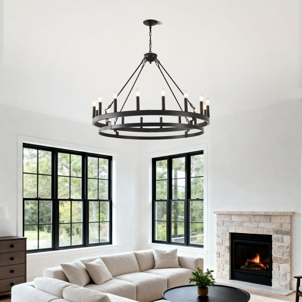English Elm 39 Inch Matte Black Wagon Wheel Chandelier 16 Candelabra Lights Farmhouse Dining W5008P392763