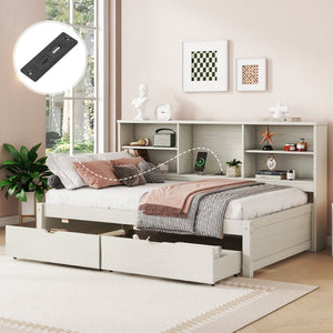 English Elm Twin Storage Bed with Bookcase Headboard Built-in Usb Charging and Two Drawers Creamy White W697S00037