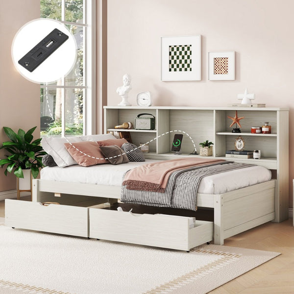 English Elm Twin Storage Bed with Bookcase Headboard Built-in Usb Charging and Two Drawers Creamy White W697S00037