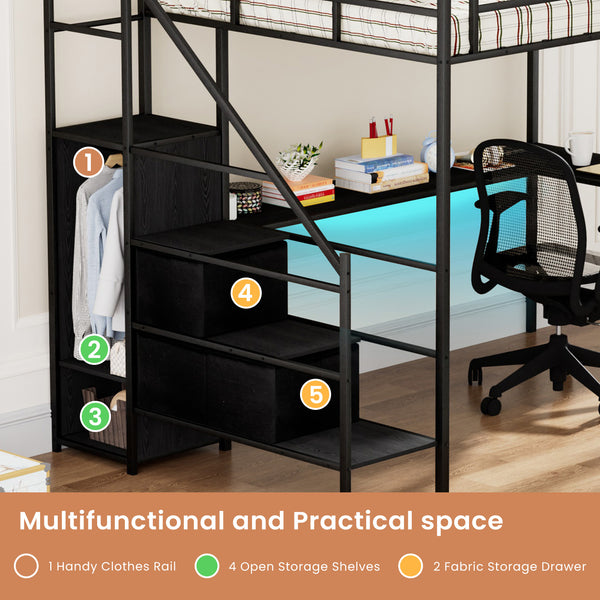 English Elm Full Metal Loft Bed with L-Shaped Desk, RGB LED Lights, Charging Cradle, Wardrobe & Drawers Black W1162S00014