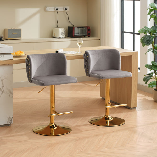 English Elm A&A Velvet Tufted Swivel Barstool with Ergonomic Back and Gold-Plated 17.7" Base, Set of 2 Gray W1143P204046