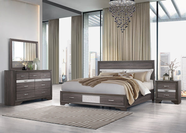 English Elm RYDER Elegant Full Bed with Crystal Accent Headboard and Two-Drawer Footboard, Solid Wood Frame Gray 26.1 L x 20.16 W x 12.24 H B201S00058