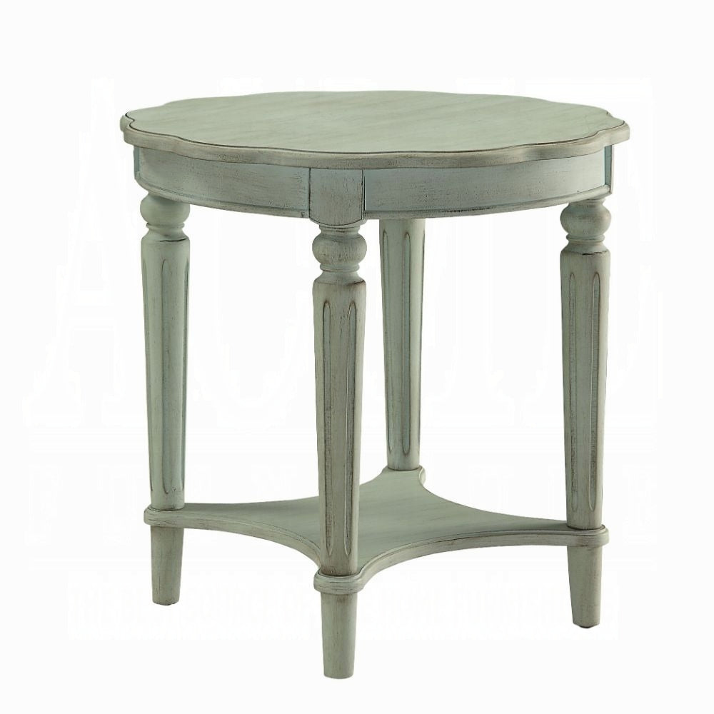 English Elm Antique French-Inspired Green End Table with Open Shelf, Ornate Carved Accents, Metal & Wood Elegance B062P209080