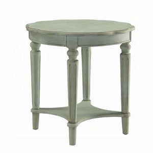 English Elm Antique French-Inspired Green End Table with Open Shelf, Ornate Carved Accents, Metal & Wood Elegance B062P209080