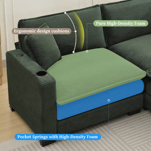 English Elm L Shape Sofa Couch With Usb Ports & Cup Holders, Stylish Green Corduroy 3-Seater & Storage Ottoman W2100S00183