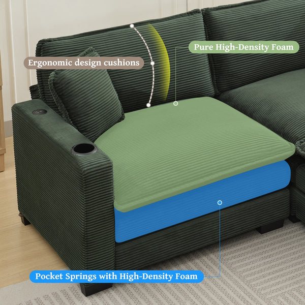 English Elm L Shape Sofa Couch With Usb Ports & Cup Holders, Stylish Green Corduroy 3-Seater & Storage Ottoman W2100S00183