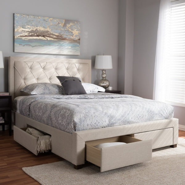 Baxton Studio Baxton Studio Aurelie Modern Storage Bed with Button-Tufted Upholstery and Under-Bed Drawers Beige King CF8622-D-Light Beige-King