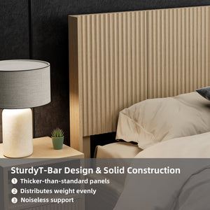 English Elm Wood Headboard Queen Solid Wood 64.4" Fluted 3D Carved Wall-Mount Headboard Modern Farmhouse Oak W3520P356698