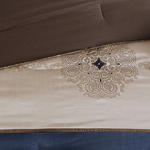 JLA Home Madison Park Essentials - 24 Luxe Room-In-A-Bag 24-Piece Navy & Natural Bedding Set with Jacquard Medallion, Sheets, Curtains MPE10-814
