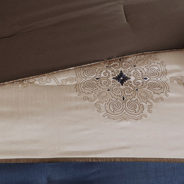 JLA Home Madison Park Essentials - 24 Luxe Room-In-A-Bag 24-Piece Navy & Natural Bedding Set with Jacquard Medallion, Sheets, Curtains MPE10-814