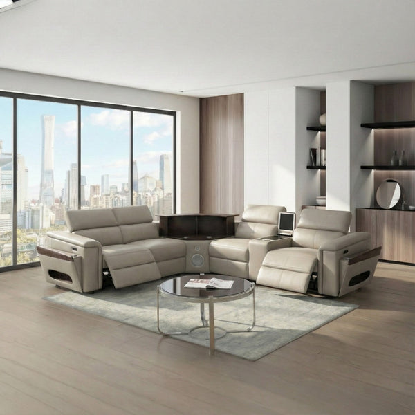 English Elm Nova Entertainment Sectional Sofa with Led Bar Fridge Console and Bluetooth Speaker Gray B009S02167