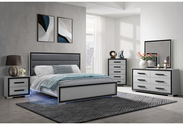 English Elm ADELAIDE King Bed with Upholstered Headboard, Solid Wood Frame, Sleek Silver Trim and LED Lighting Black,Grey 82 L x 7.5 W x 38.25 H B201S00089