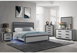 English Elm ADELAIDE Elegant 5-Piece King Bedroom Set with Upholstered Headboard, LED Lighting, Silver Trim Black,Grey 82 L x 7.5 W x 38.25 H B201S00157