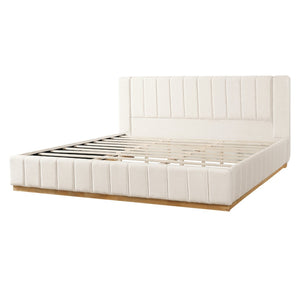 English Elm Modern, Beige Upholstered King Platform Bed Quilted Fabric Headboard Rubberwood Frame N769K360701A