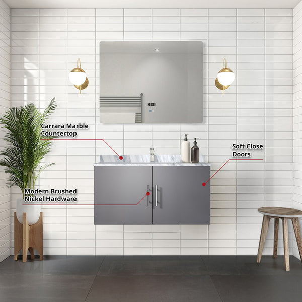 English Elm Dark Grey Bath Vanity Set With Carrara Marble Top, Chrome Faucet, And Led Mirror For Modern Spaces B2731S01309