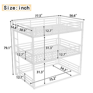 English Elm Twin Triple Metal Bunk Bed Matte Powder Coated Frame with Full Safety Guardrails Light White W1580S00581