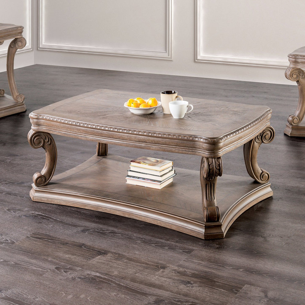 English Elm Dentil Weathered Oak Coffee Table 52"W x 32"D x 20"H with Carved Scroll Legs, Open Shelf, Sturdy Elegance B2741P360606