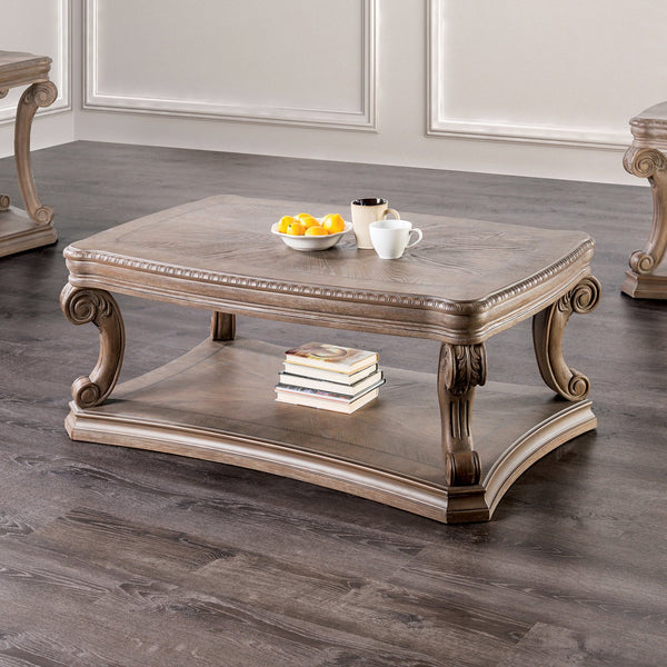 English Elm Dentil Weathered Oak Coffee Table 52"W x 32"D x 20"H with Carved Scroll Legs, Open Shelf, Sturdy Elegance B2741P360606