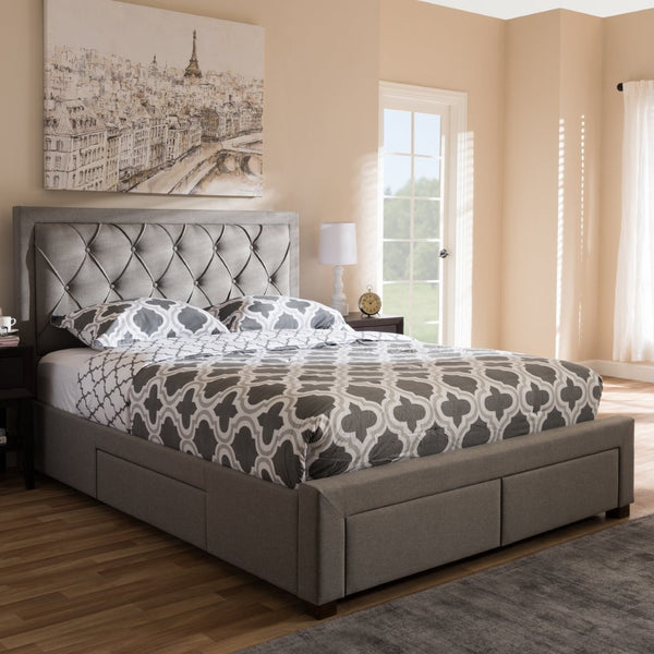 Baxton Studio Baxton Studio Aurelie Modern Storage Bed with Button-Tufted Upholstery and Under-Bed Drawers Grey Queen CF8622-D-Light Grey-Queen