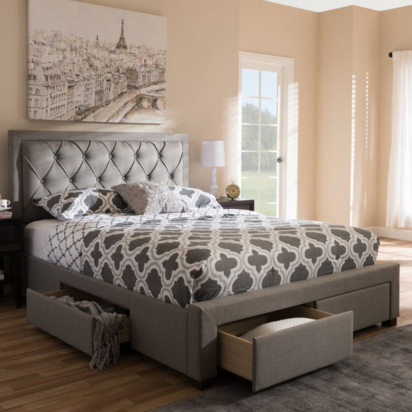 Baxton Studio Baxton Studio Aurelie Modern Storage Bed with Button-Tufted Upholstery and Under-Bed Drawers Grey Queen CF8622-D-Light Grey-Queen