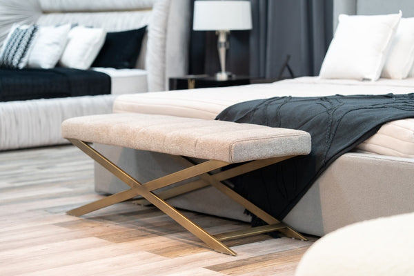 VIG Furniture Xane Channel-Tufted Grey Fabric Bench With Brushed Brass X-Legs — Plush Seating, No Assembly VGGAGA-8648BE-GRY